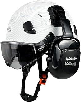 Safety Helmet with Visor Ear Muffs Work at Hight Carbon Fiber Abs Hard Hats for Industrial Construction Head Protection ANSI Z89.1 Approved (Matte White+Tinted Visor+B07 Earmuffs)
