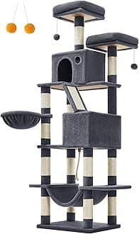 Feandrea Cat Tree, Height 206 cm, with 13 Scratching Posts, 2 Platforms, 2 Caves, Basket, Hammock, Pompom, Plush Fabric, Multi-Levels for Indoor Cats, Dark Grey PCT190G01