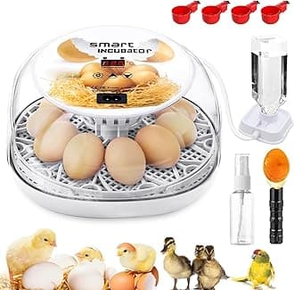 Incubators for Hatching Eggs, Chicken Waterer Cups, Automatic Egg Turner Holds 12 Eggs, Smart Incubator 360° Clear Window with Temperature Display Egg Candler for Small Poultry Chickens Ducks Quails