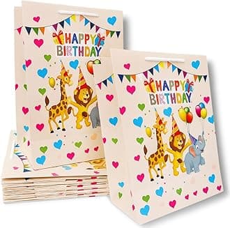 IncyWincy 10Pc Happy Birthday Jungle Animal Theme Glossy Gift Bags for Kids – Party Favor Goodie Bags, Reusable Paper Return Gift Bags (10in x 8in x 4in) - Pack of 10